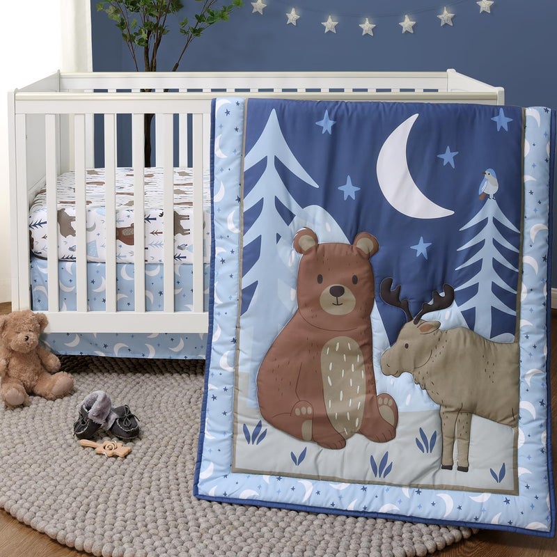 The Peanut Shell 3 Piece Baby Crib Bedding Set for Boys - Newborn, Infant & Toddler Nursery Bed Set Decor with Fitted Crib Sheet, Dust Ruffle Comforter - Under The Stars - Image 1